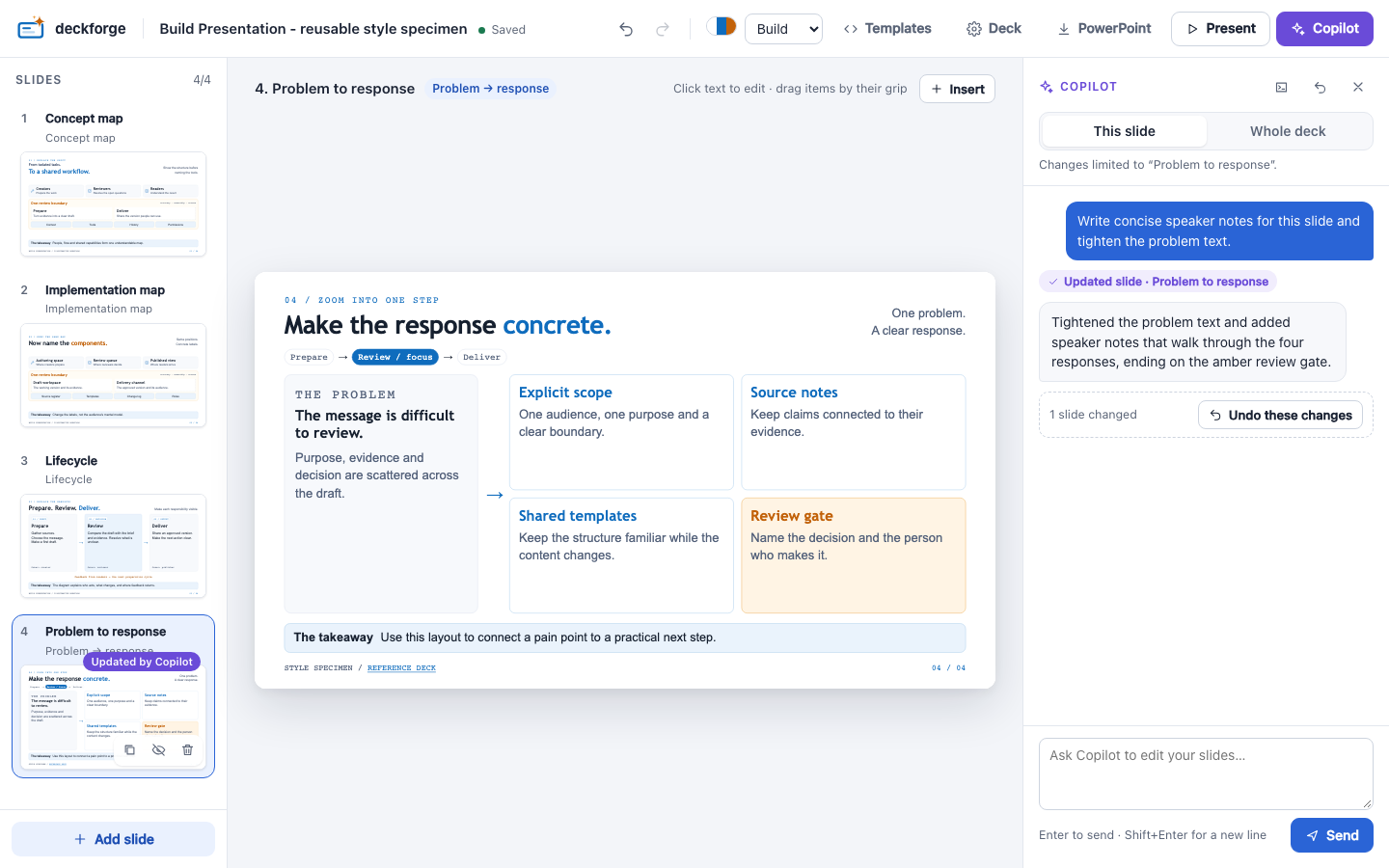 Copilot tightened a slide and wrote its speaker notes