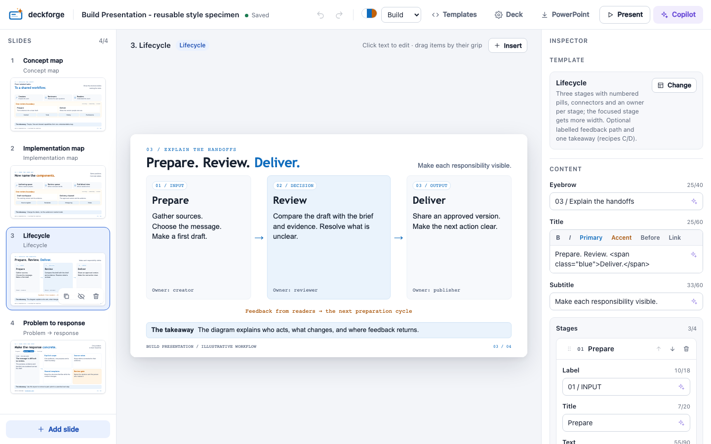 The deckforge editor: slide rail, live preview and inspector